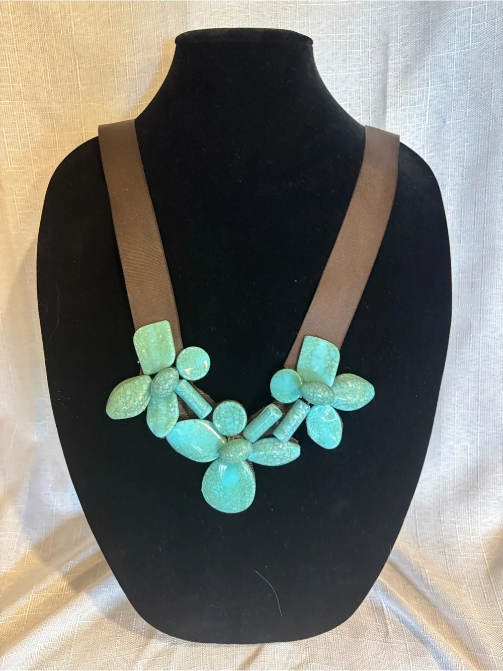 Statement Turquoise Floral Resin Necklace - Brown Ribbon